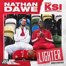 A photo of Nathan Dawe (left) and KSI (right), dressed in white and red tracksuits, respectively, on the set of the music video, in the centre of a red and white background. The title "Lighter" appears in large white font in the bottom-right, with Dawe's name in large white font in the top-left and KSI's name in large red font in the top-right.