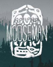 Artwork of a white Permian bronze cast with word "Mooseman". The background is dark green forest