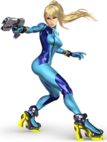 A computer-generated image of a woman wearing a tight-fitting blue suit.