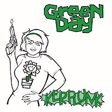 A black-lined illustration of a teenage girl wearing a flower shirt holding a smoking gun against a white background, with the band's name and album title in green
