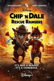 Two chipmunks walk away from an explosion. One is 2D-animated wearing a hat and jacket, the other is CGI-animated wearing a red shirt.