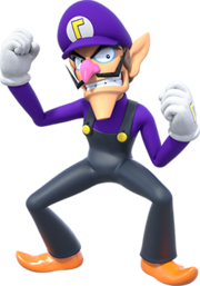 Promotional artwork of Waluigi wearing a purple hat and long sleeved shirt and black overalls