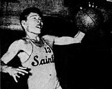 Willie "Woo Woo" Wong, player #13 for the Chinese Saints, shown dribbling a basketball in a black-and-white photograph that originally was published in 1948.