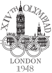 The Palace of Westminster, a Gothic architecture building with two towers, sits behind the Olympic rings. The words "XIVth Olympiad" is written across the top in a semi-circular shape, while the words "London 1948" is written at the bottom of the logo.