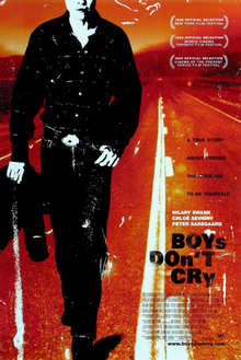 The theatrical release poster for Boys Don't Cry, showing a stylized depiction of the main character, Brandon Teena, walking along a road with the film's tagline in the background.