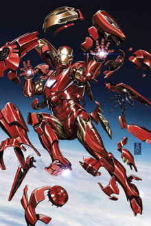 Iron Man flies as external pieces of armor fly off of him