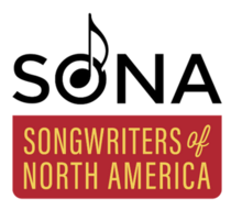 Songwriters of Northern America log with a stylized note up top in black and then the name of the org in yellow on red below