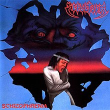 The artwork (possibly done with airbrush) gives a view through a recently broken window (pieces are still midair) of a man with long stringy hair in a straightjacket. His mouth is open as if shouting and he is wearing some sort of metal headband. Behind him there is a horizon in the red crepuscular phase and in the sky above, as if formed from the clouds, there is an image of the top half of a grey face with red eyes that have vertical slit pupils whose gaze is focused on the man. The band name "Sepultura" is written in red-outline font in the upper right hand corner and the album name "Schizophrenia" is written in uppercase in a filled-in red wavy partially-double-image font.