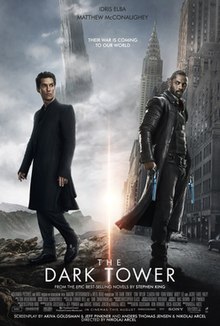 A merging of a desert landscape with a large tower on the left and New York City on the right, where a man in all black suit and a pistols-wielding gunslinger stand, respectively.