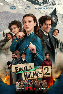 A young woman with her hands raised ready to fight. The Great Clock of Westminster is in the background and she is flanked by Sherlock Holmes and other characters.