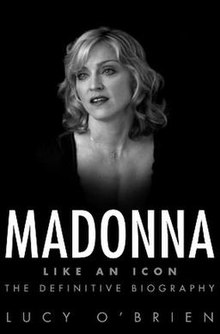 Greyscale image of Madonna in front of a complete black background, with short curly hair. The book title is written beneath her image