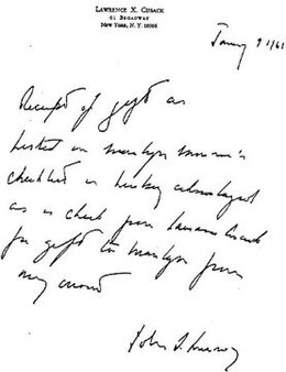 A handwritten receipt, supposedly signed by John F. Kennedy in 1961. The typed address block at the top shows a ZIP Code
