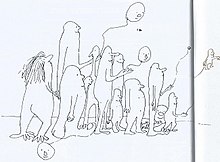 Seventeen distorted figures stand together, including a dog and several faces on balloons.