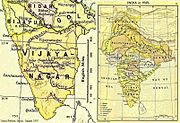 On the right is a map of India which shows it extending from Kashmir in the north to the border with Afghanistan in the west, to Bengal in the east and the Vijayanagara Empire in the South. On the left is a higher resolution map of peninsular India extracted from the first map. It shows the towns and cities of the Vijayanagara Empire, as well as some in the surrounding kingdoms.
