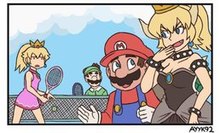 A comic panel depicting Mario and Bowser, the latter transformed into a character resembling Peach, walking past Peach and Luigi.