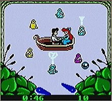Screenshot of a pinball table; the table includes an image of a man and a woman in a boat surrounded by water.