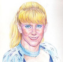 A white background displaying a painting of American figure skater Tonya Harding is shown.