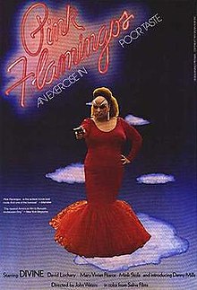 A drag queen wearing a red dress, stands center stage, holding a gun. The title is above her, with the tagline "An exercise in poor taste"