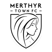 The words "Merthyr Town FC" are in the top of a pennant, with an illustration of Tydfil is at the bottom