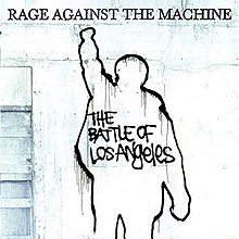An outline of a graffiti spray of a man in a coat raising his fist. The album name is written in graffiti, in the spray outlines. The band name is displayed on the top, in all caps.