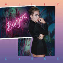 Two cut-out pictures positioned on a pink-to-purple gradient background. A cut-out of Miley Cyrus in a black trench coat is positioned in front of the background.