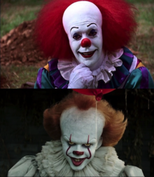 Top: A clown with red hair and white make-up presenting a seductive smile. Bottom: A clown with orange hair holds a red balloon and presents a sinister smile.