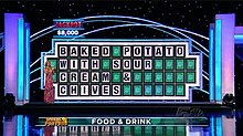 A screen shot of Wheel of Fortune, showing the puzzle board displaying the words "baked potato with sour cream & chives"