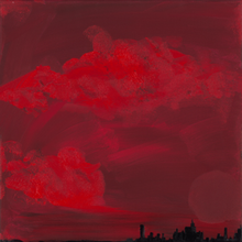 Cover art for "Paint the Town Red": a painting of a red sky, with a silhouette of a skyline in the bottom right corner