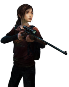 Artwork of a teenage girl, with brown hair. She is holding a sniper rifle in front of her, and looking at something to her left.