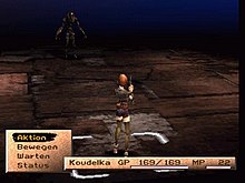 A woman in dark clothing, Koudelka Iasant, fights a monster in a dark battle arena holding a pistol.