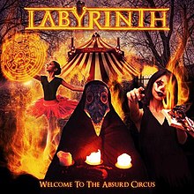 Three eerie circus workers in front of a circus on fire in a dark, sinister forest
