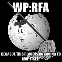 Image macro meme depicting the Wikipedia globe logo with a mop layered over it; top text: "WP:RFA"; bottom text: "BECAUSE THIS PLACE IS NOT GOING TO MOP ITSELF" with "BECAUSE" misspelled