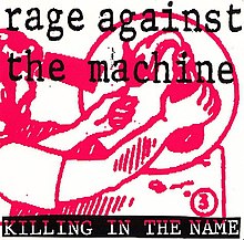 Black-and-white photo of man in flames. In black letterbox border is white text "rage against the machine; killing in the name."
