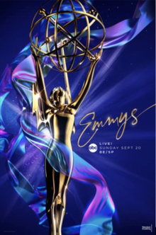 A poster depicting an Emmy statuette surrounded by a blue and purple ribbon