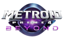 The game's logo atop an object similar to a black hole, with silver color at the border and purple at its center: silver, bold text reading "METROID"; smaller silver text below it reading "PRIME 4"; and a large purple text on the bottom reading "BEYOND".