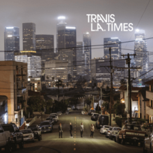 The four members of Travis standing downhill on a street with the skyline of Los Angeles in the background.