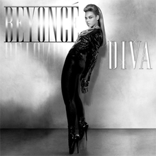 The black and white portrait of the left side of a woman, who is standing in front of a wall. She wears a black jacket with flames on the front, and jeans and heels of the same color. Next to her image, appear the words "Beyoncé" in silver capital letters, in front of her, and "Diva" in white letters, behind her.