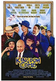 A group of people stand together and a little boy hides behind a man who wears glasses. Below them shows the title of the film along with the credits.