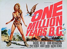 Theatrical poster with Welch against backdrop of dinosaurs attacking humans