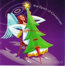 An angel plays a christmas tree–shaped violoncello with the spotlight in a purple room