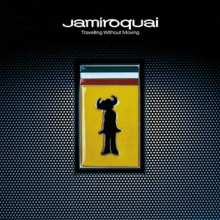 The album cover of Travelling Without Moving, consisting of a close-up of a yellow emblem with green, white and red stripes above it, resembling the logo of luxury car manufacturer Ferrari S.p.A., on a metal screen mesh. A silhouette man with buffalo horns is imprinted on it, a character that is displayed on all early Jamiroquai album covers, up to A Funk Odyssey, where it appears to fall into disuse. The band name and album title are displayed on top.
