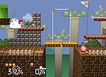 A scenery full of platforms, blocks and fences in the style of the Super Mario Bros. video game. On a platform, a boy wearing a baseball cap throws a bolt of lightning and in another stand, a round, pink creature wearing red shoes stands still.