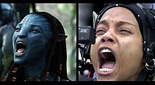 The left image shows the blue cat-like alien Neytiri shouting. The right image shows the actress who portrays her, Zoe Saldana, with motion-capture dots across her face and a small camera in front of her eyes.