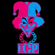 an evil jester wearing a chain pendant bearing the initials of Insane Clown Posse