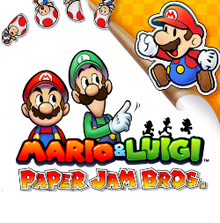 Illustration of Mario and Luigi against a white background. The top right corner of the background is folded over, and a paper cut-out of Mario jumps in from the other side.