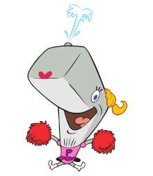 A grey excited cartoon whale with a red heart nose, a slash of water coming up from her blowhole, and a yellow ponytail on the back of her head wears a pink dress and holds red pom-poms.