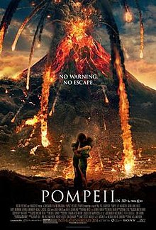 Mount Vesuvius erupting. In the foreground and a man and a woman are embracing. In the centre of the poster the tagline: No Warning. No Escape.