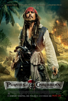 The film's main character Jack Sparrow stands on a beach. He wears a red bandana, a dark blue vest, white shirt, and black pants. Attached to his belt are two guns and a scarf. A ship with flaming sails approaches from the sea. In the background, three mermaids sit on a rock. The main actors' names are at the top, and the film credits at the bottom.