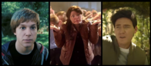 A triple split screen of, from left to right, Peeta Mellark (Stephen Meek), Katniss Everdeen (Mallory Everton), and Gale Hawthorne (Jason Gray). Mellark is seen in portrait, facing toward the camera and slightly to the right, with a relatively neutral expression; a forest scene is behind him. Everdeenis shrugging and grimacing. Behind her, a crowd dances. Hawthorne is facing toward the camera and slightly to the left with a "boy band"-like expression of intense emotion. Forest scenery is visible behind him.