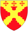 Arms of Longe of Spixworth Hall, Norfolk Gules, a saltire engrailed or, on a chief of the second three cross-crosslets of the first